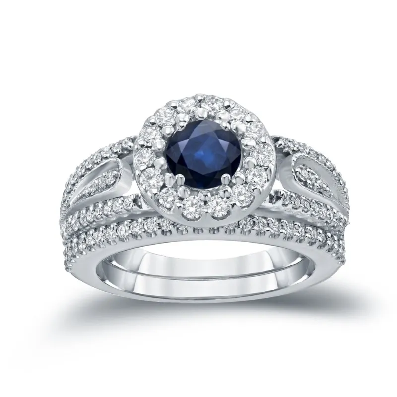 Auriya 1/4ct Blue Sapphire and 1/2ctw Halo Diamond Engagement Ring Set 14k Gold sold by Zulily