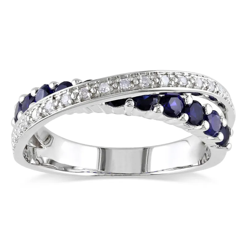 Miadora Sterling Silver Blue Sapphire and 1/10ct TDW Diamond Crossover Ring sold by Zulily