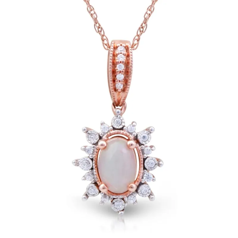 1/10ct TDW Diamond Ethiopian Opal Gemstone Halo Necklace in 10k Rose Gold sold by Zulily