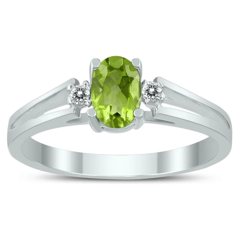 6X4MM Peridot and Diamond Open Three Stone Ring in 10K White Gold sold by Zulily