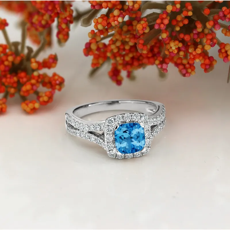 Auriya 9/10ct Cushion-cut Swiss Blue Topaz Halo Diamond Engagement Ring 5/8ctw 14k Gold sold by Zulily