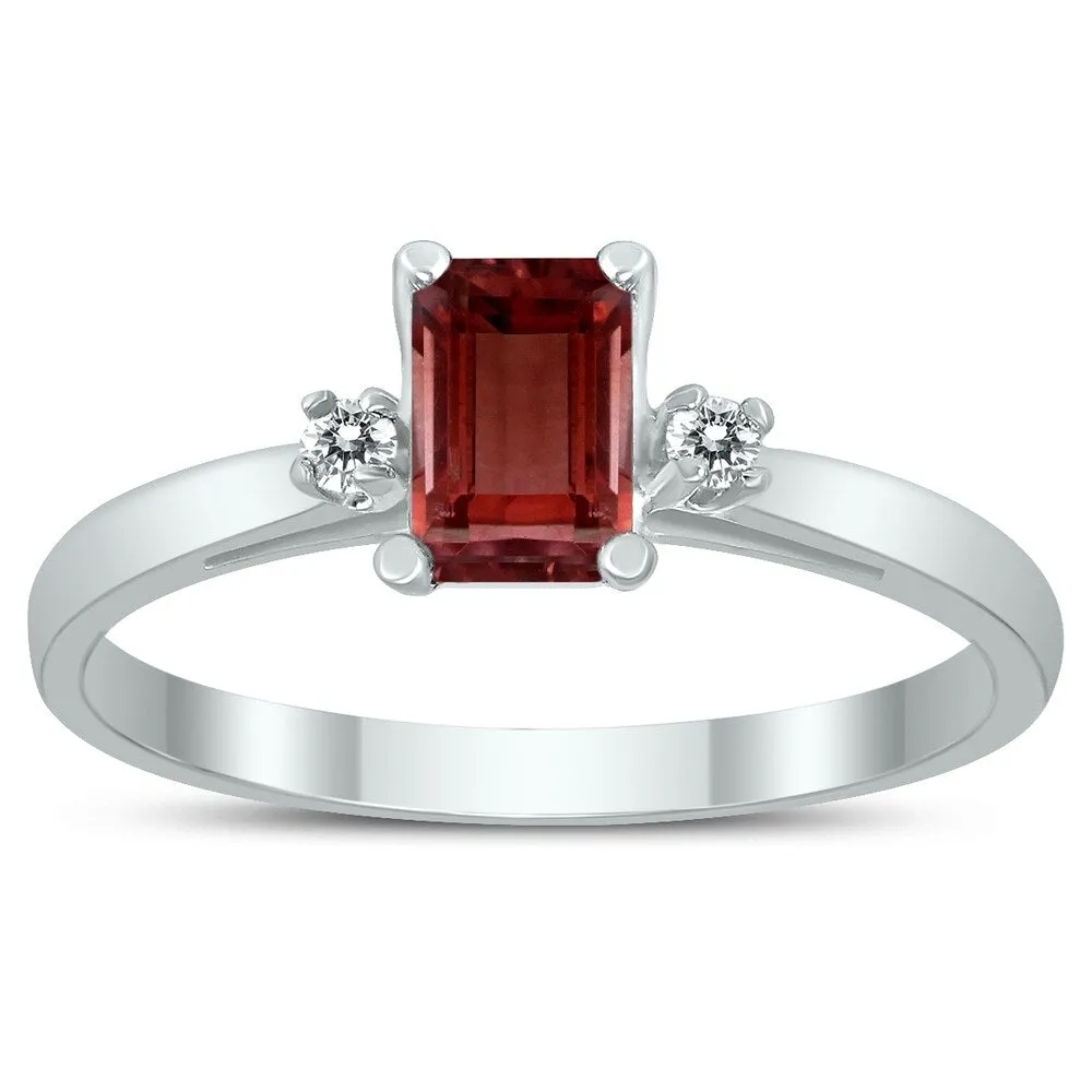 Emerald Cut 6X4MM Garnet and Diamond Three Stone Ring in 10K White Gold sold by Zulily