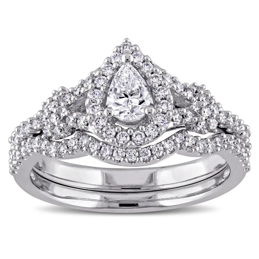 Miadora 7/8ct TDW Pear and Round-Cut Diamond Halo Split Shank Bridal Ring Set in 14k White Goldado sold by Zulily