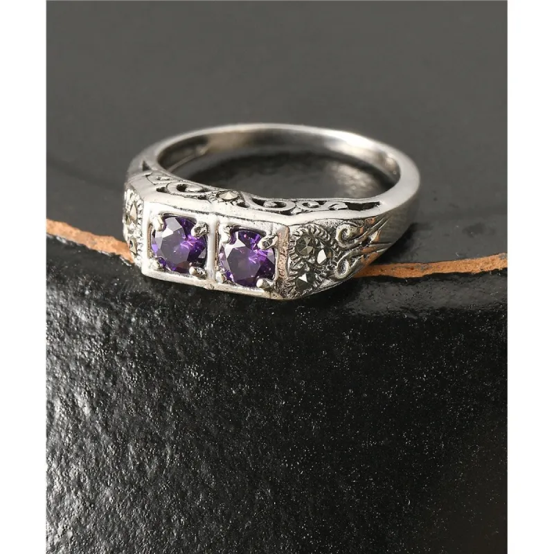 Tang & Song Sterling Silver Bar shape Purple CZ and Marcasite Ring sold by Zulily