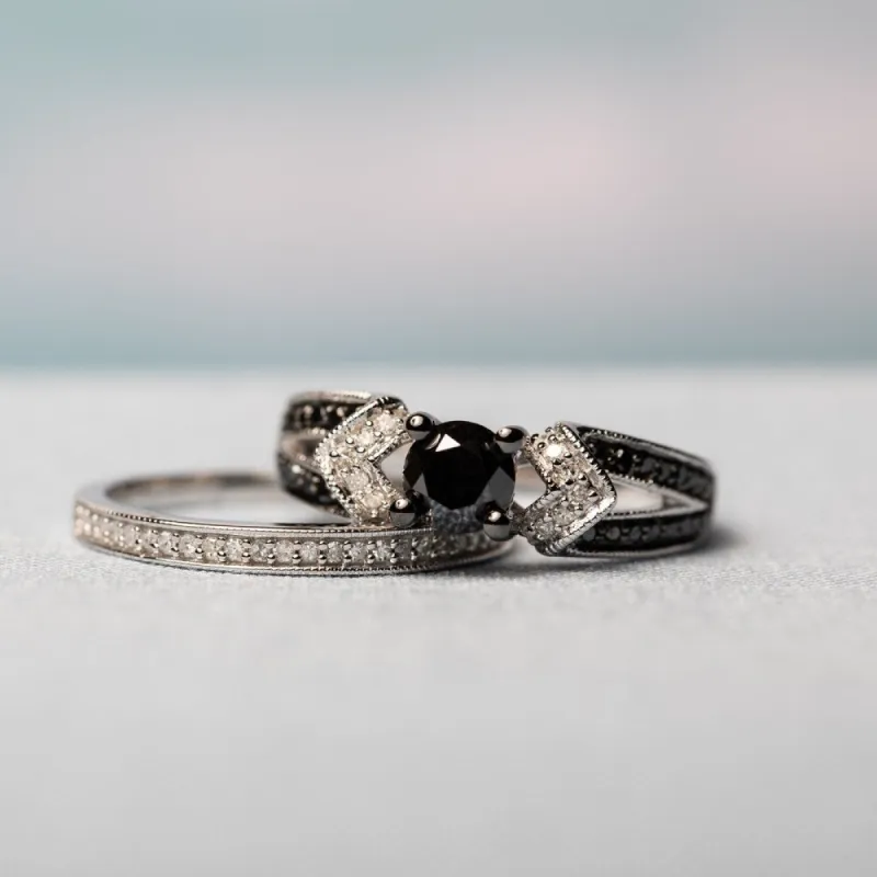 Miadora Sterling Silver Black Rhodium 1 1/8ct TDW Black and White Diamond Split Shank Bridal Set sold by Zulily