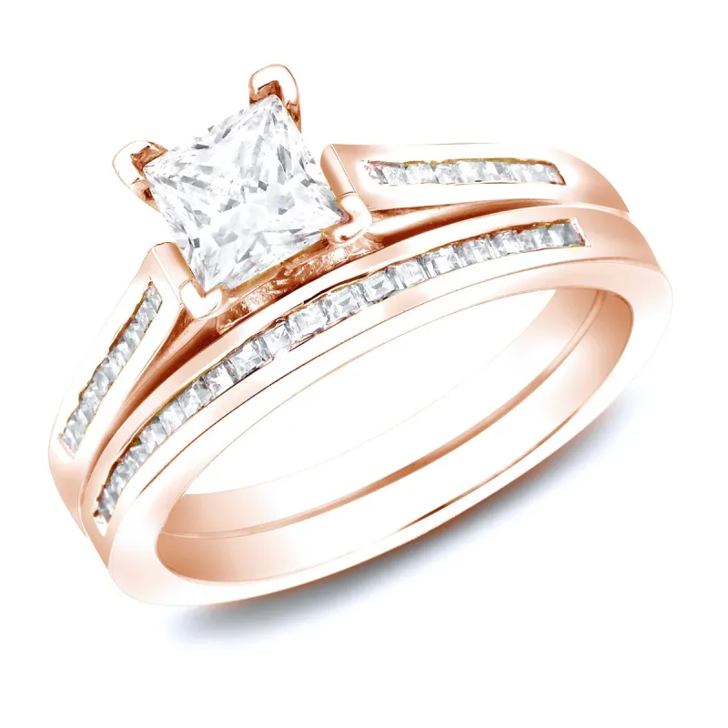 Auriya 14k Rose Gold 1 1/2ctw Modern Princess-cut Diamond Engagement Ring Set Certified sold by Zulily