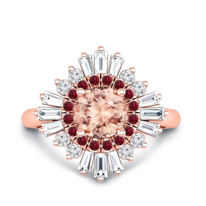 Round 1ct Pink Morganite and 5/8ct Baguette Diamond Ballerina Engagement Ring with Ruby Accents in 14k Rose Gold by Auriya sold by Zulily