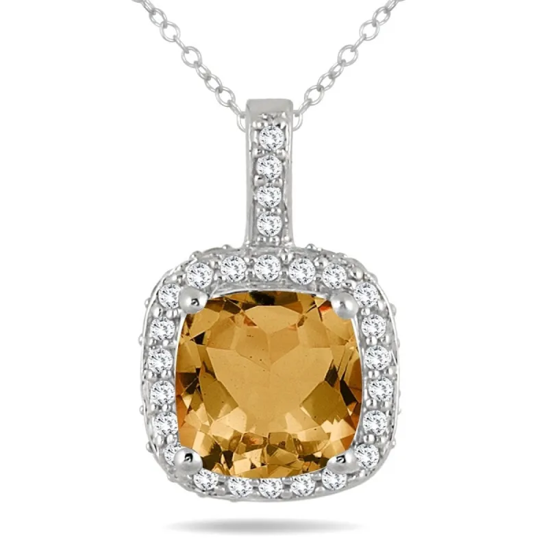 1 1/2 Carat Cushion Citrine and Diamond Halo Pendant in 10K White Gold sold by Zulily