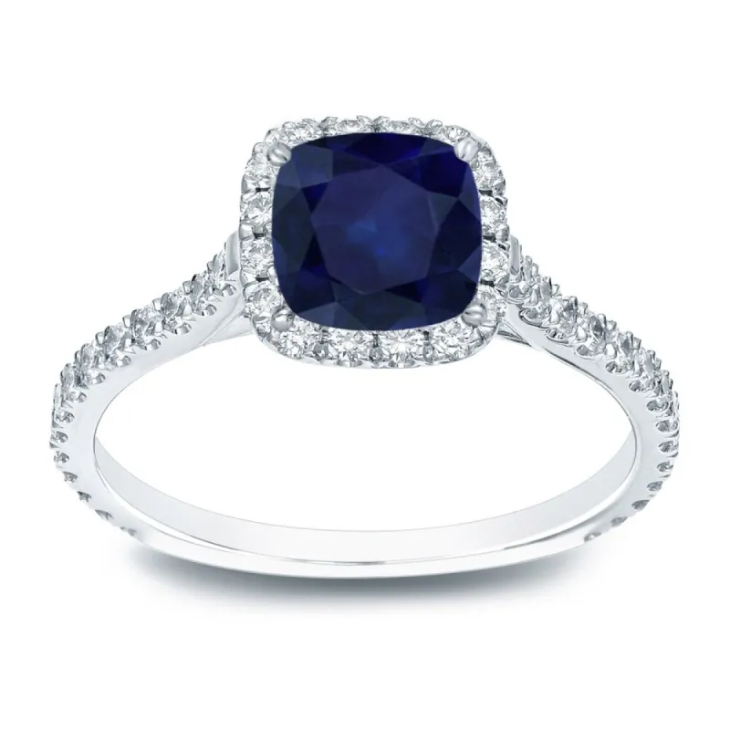 Auriya 1ct Cushion Cut Blue Sapphire and 1/2ctw Halo Diamond Engagement Ring 14k Gold sold by Zulily