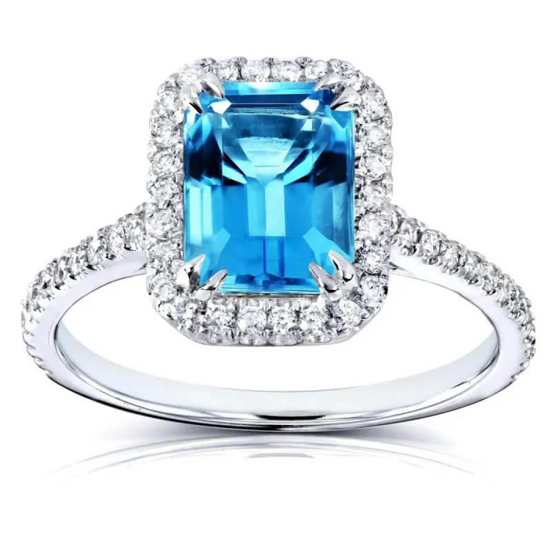 Annello by Kobelli 14k White Gold 1 3/4ct TGW Emerald Cut Swiss Blue Topaz and Diamond Halo Gemstone Ring sold by Zulily
