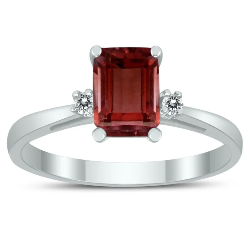 Emerald Cut 7X5MM Garnet and Diamond Three Stone Ring in 10K White Gold sold by Zulily
