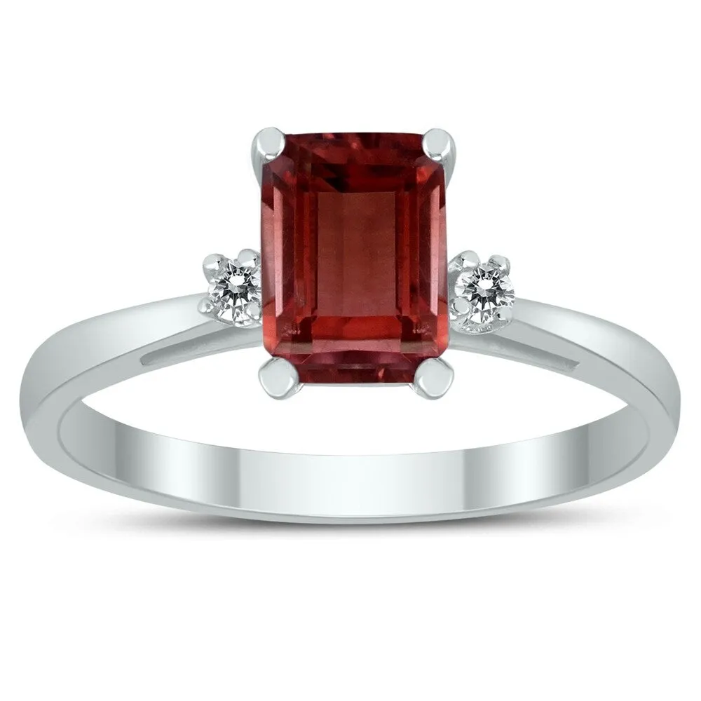 Emerald Cut 7X5MM Garnet and Diamond Three Stone Ring in 10K White Gold sold by Zulily