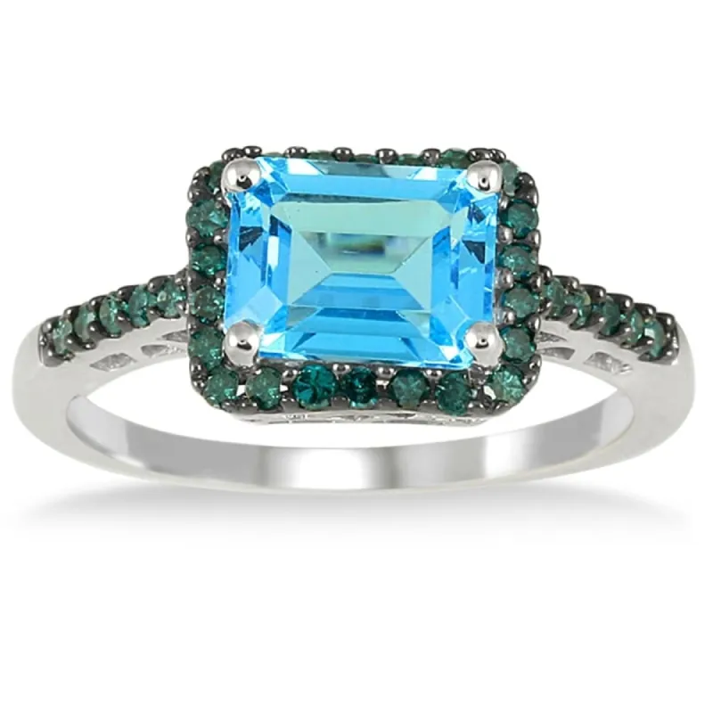 2 1/2 Carat Emerald Cut Blue Topaz and Blue Diamond Ring in 10K White Gold sold by Zulily