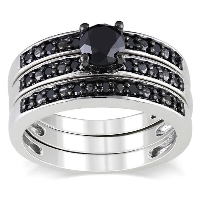 Miadora Sterling Silver 1ct TDW Black Diamond Stackable 3-piece Engagement Bridal Ring Set sold by Zulily