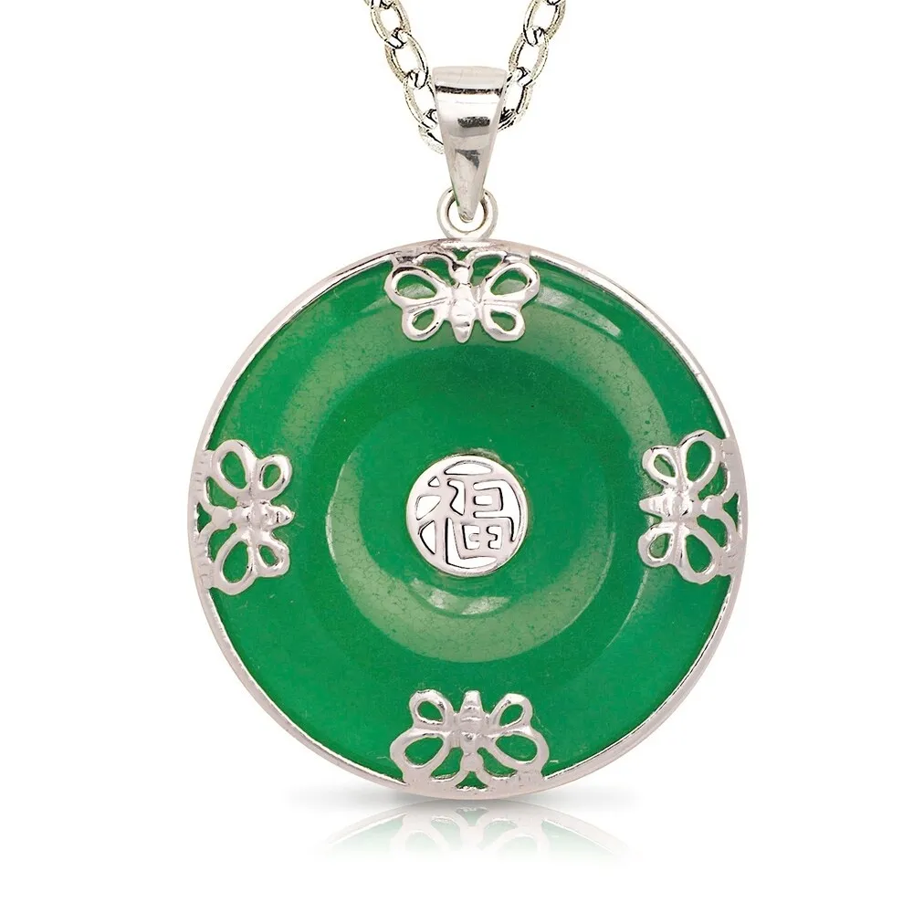 Curata 925 Sterling Silver 18" Green Jade Round Asian Script Ornate Butterfly Disc Necklace (25mm x 32mm) sold by Zulily