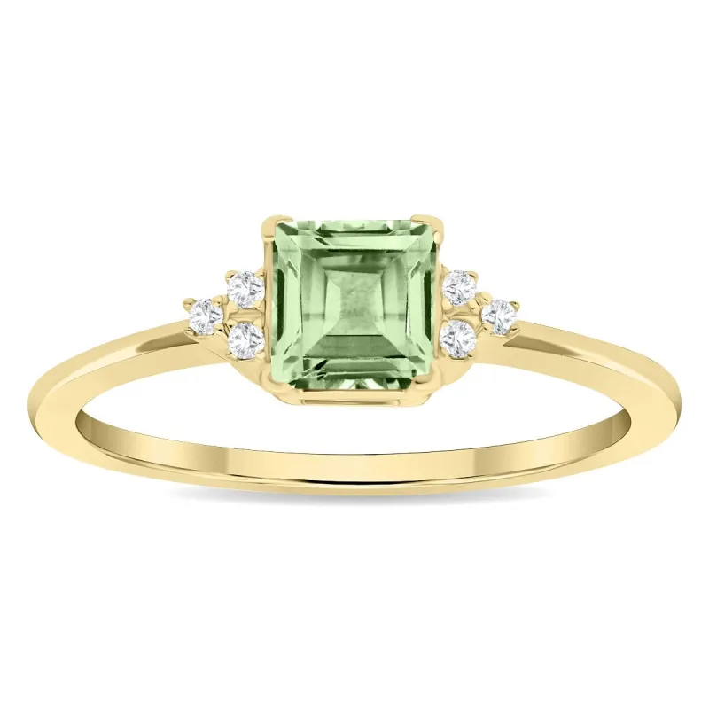 Women's Square Shaped Green Amethyst and Diamond Half Moon Ring in 10K Yellow Gold sold by Zulily