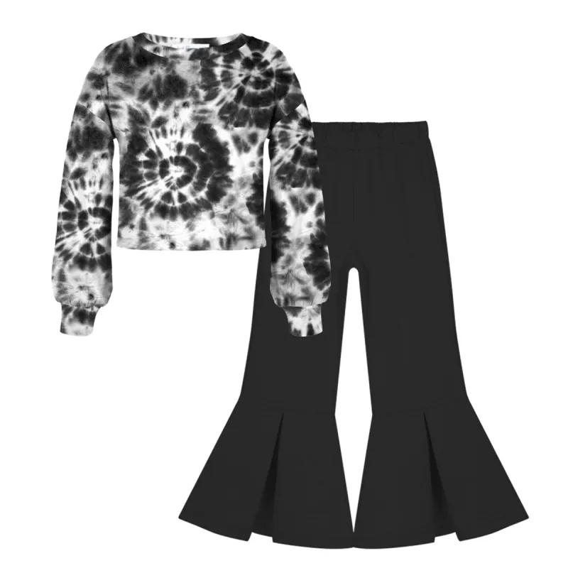 Black & White Tie-Dye Print Bishop-Sleeve Top & Flare Pants sold by Zulily
