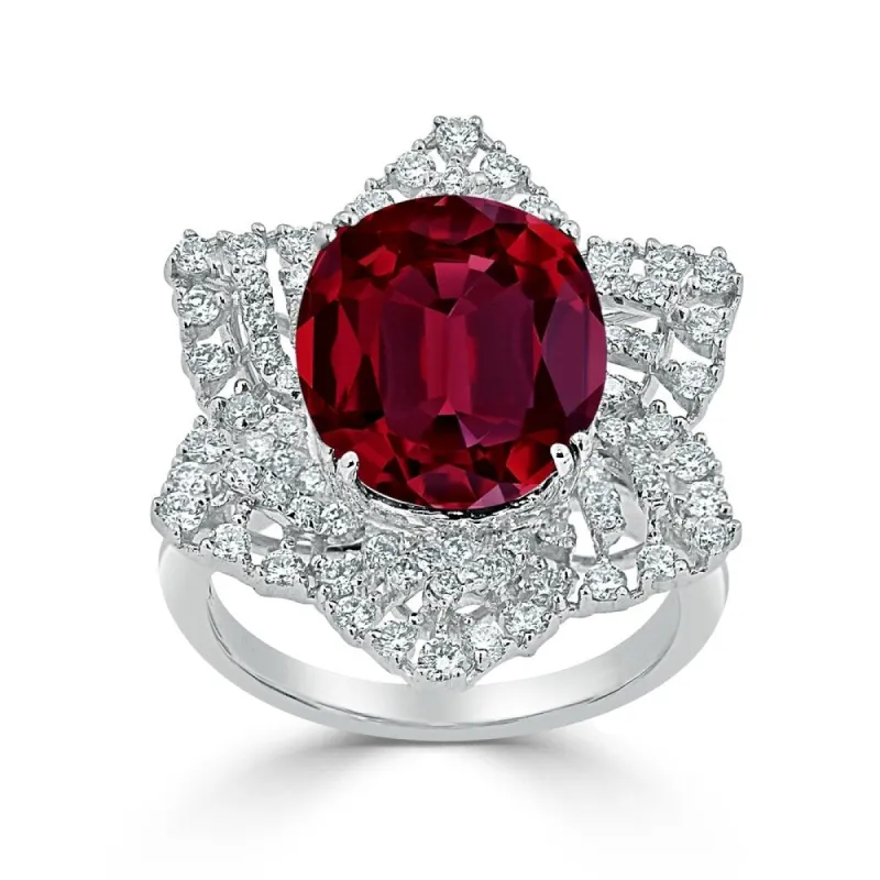 Auriya 8 1/3ct Oval Red Ruby and 9/10ctw Starburst Halo Diamond Ring 18K Gold sold by Zulily