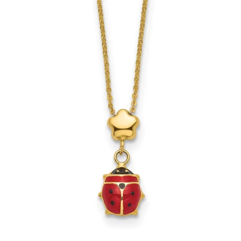 Curata 14k Yellow Gold Polished Enameled Flower and Small Ladybug Necklace, 16.5" sold by Zulily