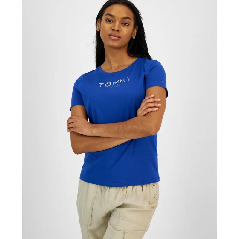 Tommy Hilfiger Women's Crew Neck Rhinestone Embellished T-Shirt Blue Size XX-Large made by Tommy Hilfiger