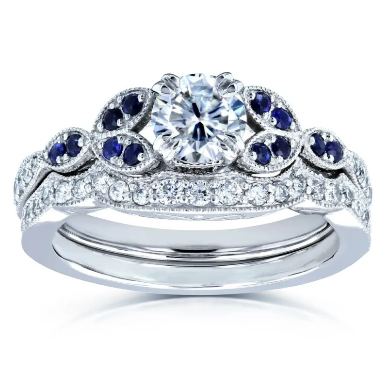 Annello by Kobelli 14k White Gold 7/8ct TGW Floral Round Moissanite Bridal Set with Diamond and Sapphire (DEF/VS, GH/I, Blue) sold by Zulily
