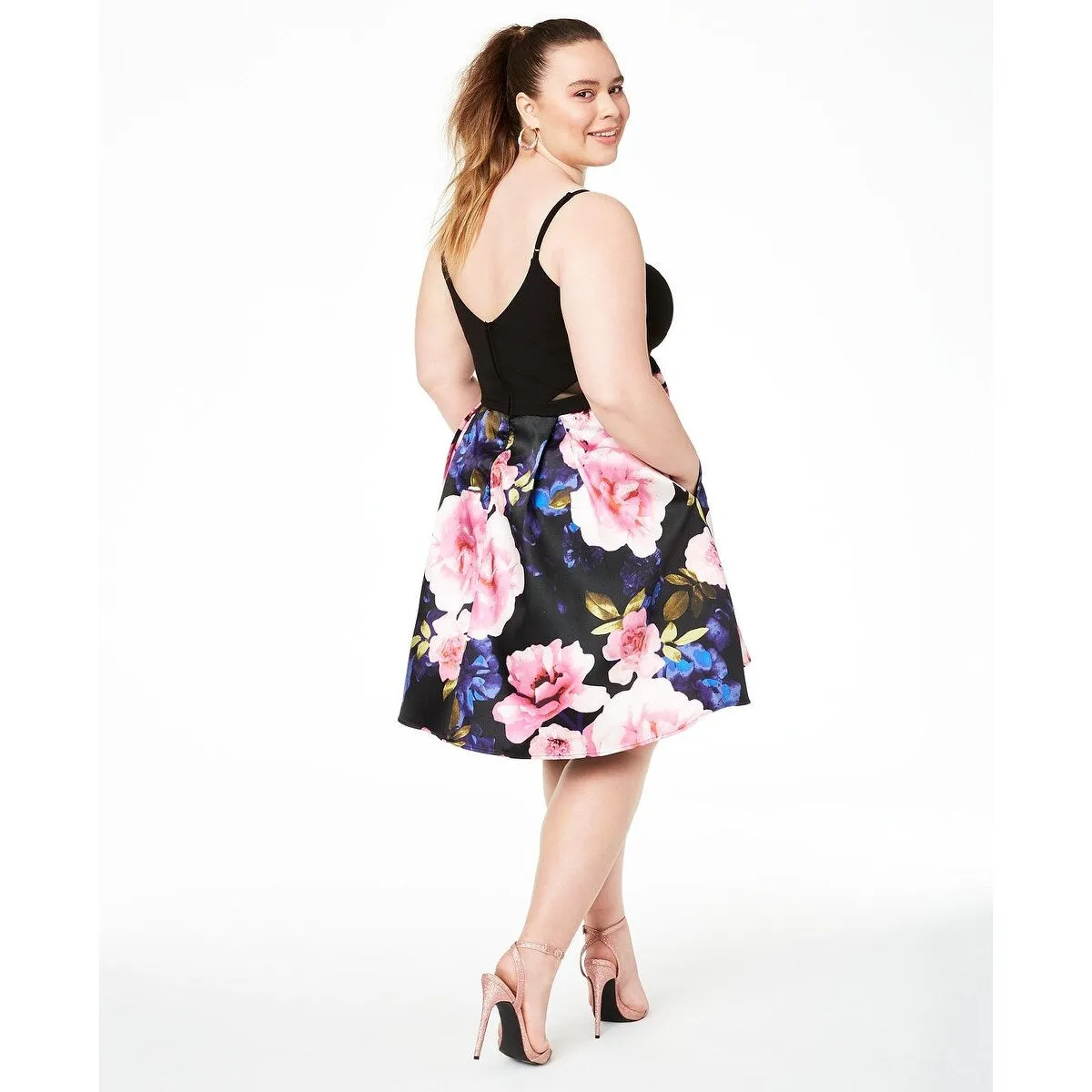 B Darlin Women's Floral Spaghetti Strap V Neck Short Fit Flare Party Dress Black Size 18 sold by Zulily product image thumbnail 2