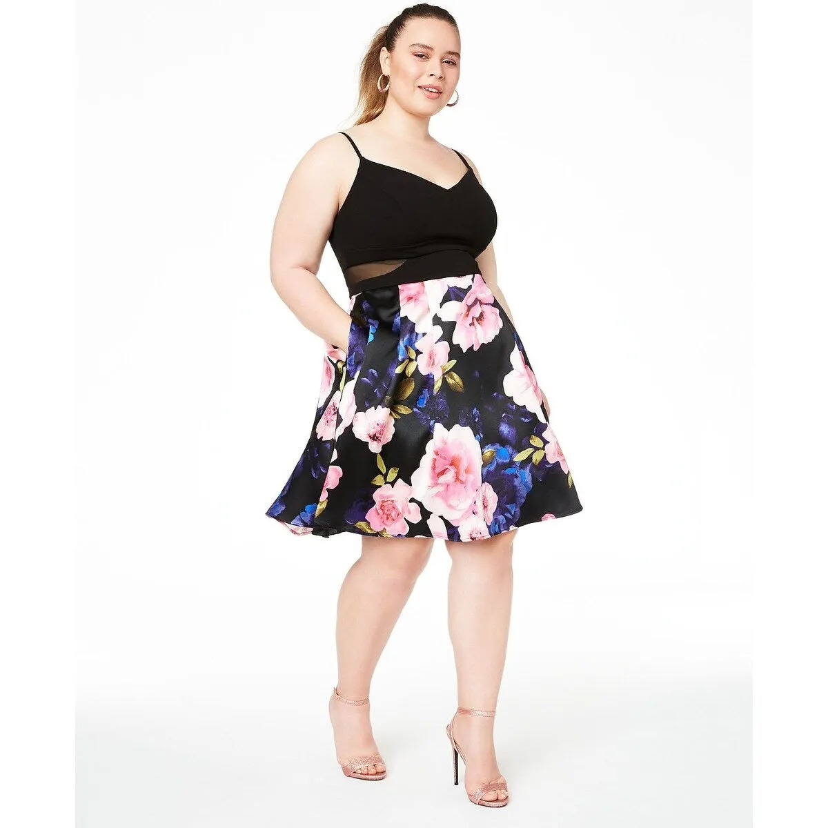 B Darlin Women's Floral Spaghetti Strap V Neck Short Fit Flare Party Dress Black Size 18 sold by Zulily product image thumbnail 3