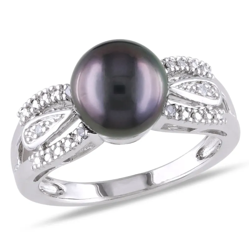 Miadora 9-9.5mm Black Tahitian Pearl and Diamond Split Shank Ring in Sterling Silver sold by Zulily