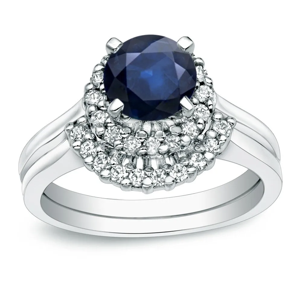 Auriya 14k Gold 3/4ct Blue Sapphire and 1/4ctw Halo Diamond Engagement Ring Set sold by Zulily
