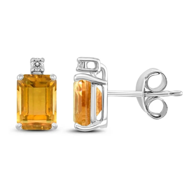 14K White Gold 8x6MM Emerald Shaped Citrine and Diamond Earrings sold by Zulily