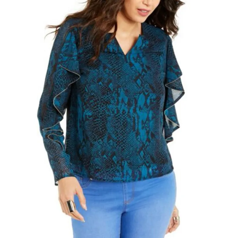 Thalia Sodi Women's Snake-Print Ruffled-Sleeve Top Turq/Aqua Size Small sold by Zulily