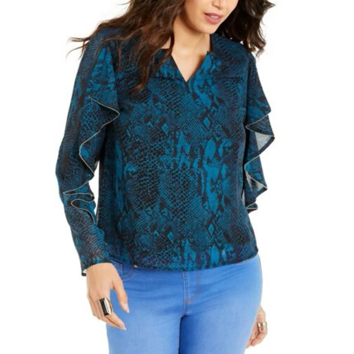 Thalia Sodi Women's Snake-Print Ruffled-Sleeve Top Turq/Aqua Size Small sold by Zulily