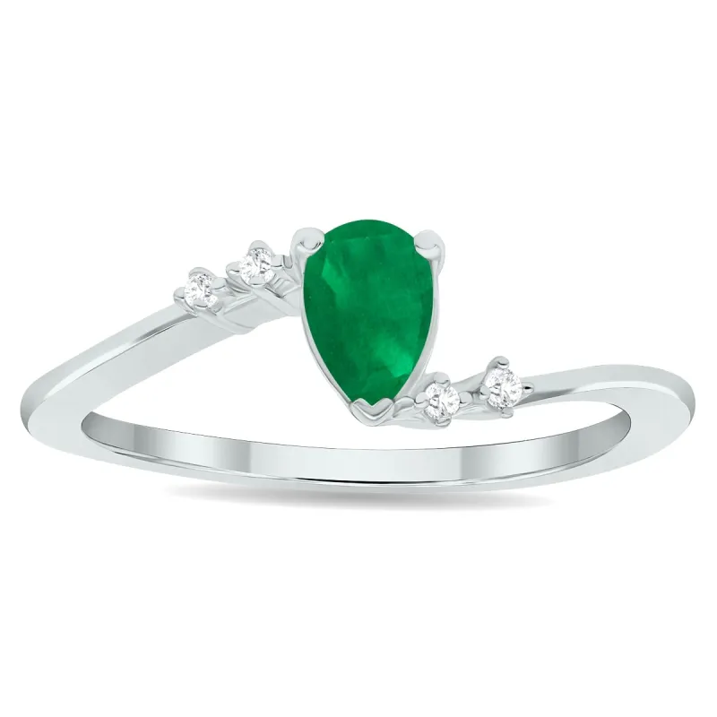 Women's Emerald and Diamond Wave Ring in 10K White Gold sold by Zulily