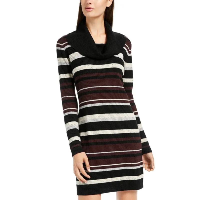 BCX Junior's Cowlneck Speckled Stripe Sweater Dress Black Size X-Large sold by Zulily