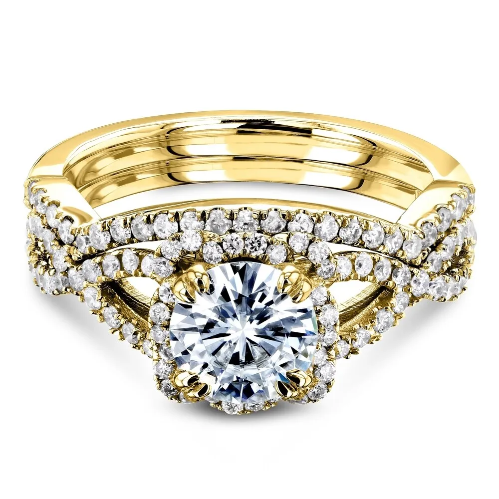 Annello by Kobelli 14k Gold 1-1/2ct.tw Forever One Moissanite Bridal Set, Halo Diamond Crossover Split Shank - Multiple Colors sold by Zulily product image thumbnail 5