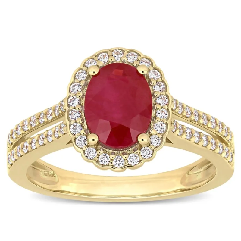 Miadora 14k Yellow Gold Ruby & 1/3ct TDW Diamond Halo Double Row Ring sold by Zulily