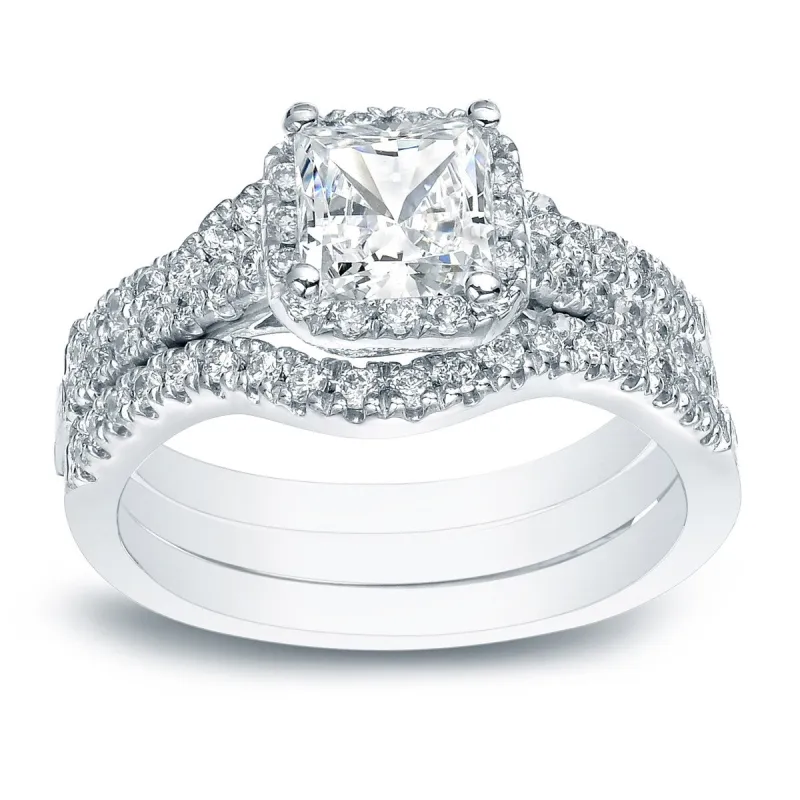 Auriya 1 1/2ctw Princess-cut Halo Diamond Engagement Ring 3pc Set 14k Gold sold by Zulily