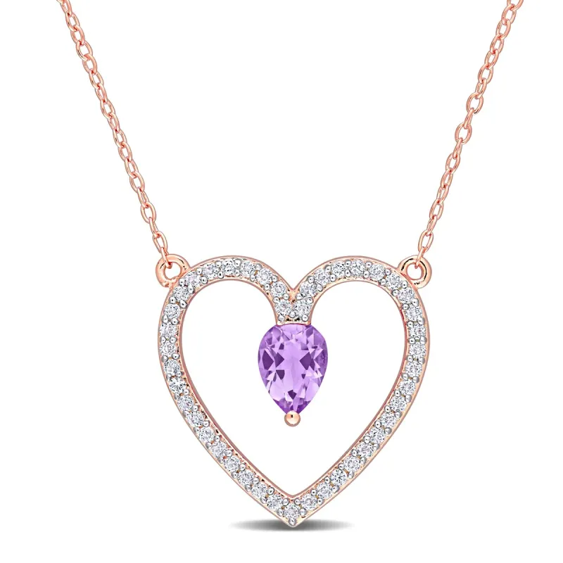 Miadora Pear-cut Amethyst and White Topaz Heart Station Necklace in Rose plated sterling silver sold by Zulily