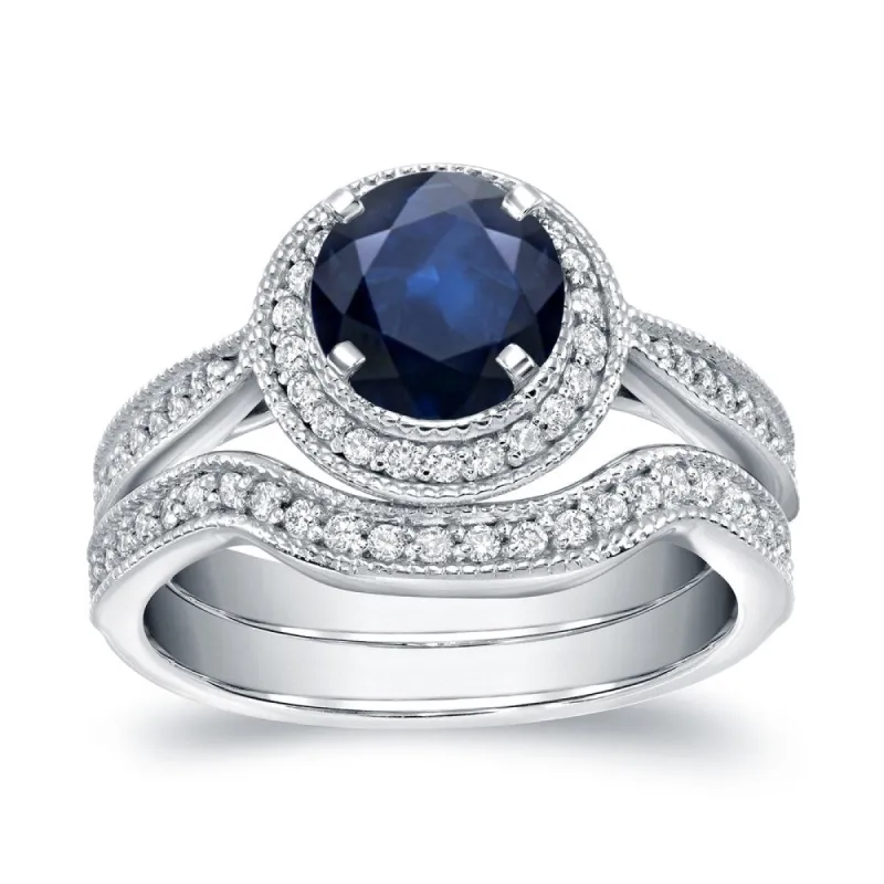 Auriya Vintage Round 1ct Sapphire and 3/5ct TDW Diamond Halo Engagement Ring Set 14k Gold sold by Zulily