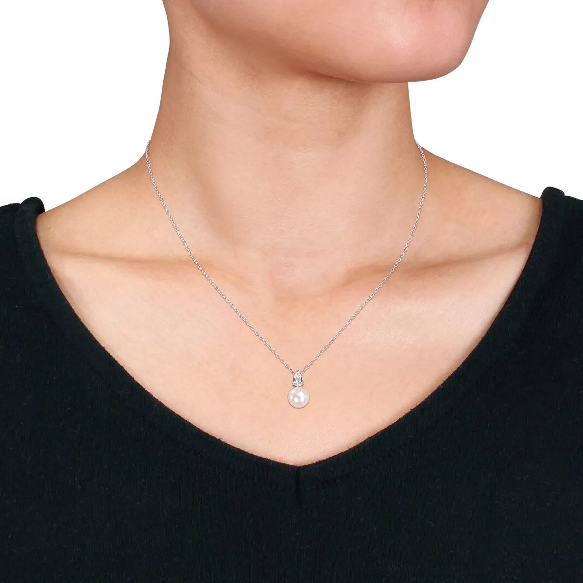 Miadora 8.5-9mm White Cultured Freshwater Pearl and 5/8ct TGW Created White Sapphire Necklace in Sterling Silver sold by Zulily product image thumbnail 3