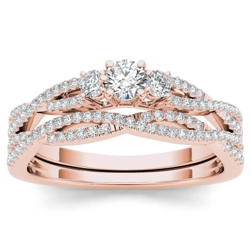 De Couer IGI Certified 14k Rose Gold 1/2ct TDW Diamond Three-Stone Anniversary Ring Set with One Band - Pink sold by Zulily