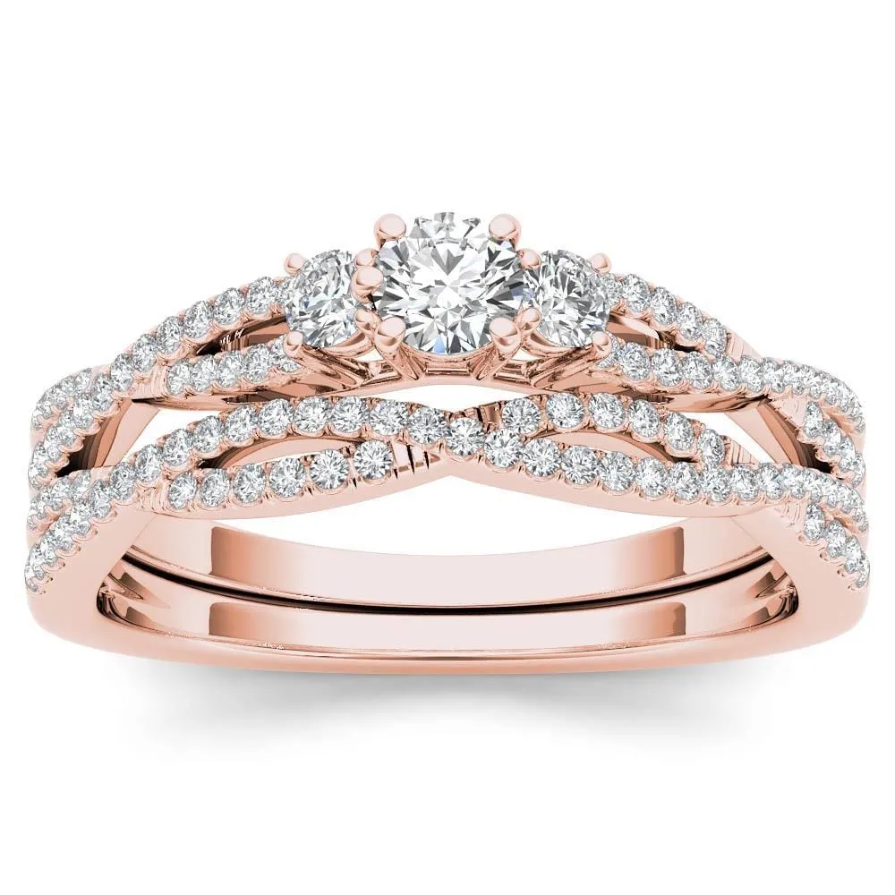 De Couer IGI Certified 14k Rose Gold 1/2ct TDW Diamond Three-Stone Anniversary Ring Set with One Band - Pink sold by Zulily