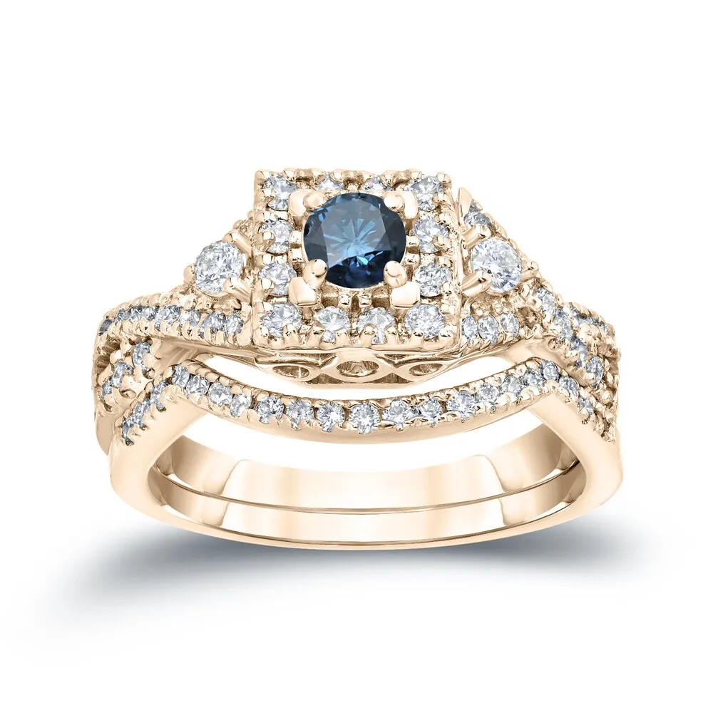 Auriya 3/4ctw Vintage Inspired Blue 3-Stone Halo Diamond Engagement Ring Set 14k Gold sold by Zulily product image thumbnail 5