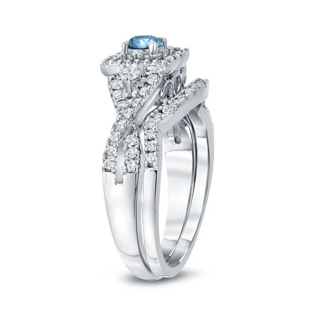Auriya 3/4ctw Vintage Inspired Blue 3-Stone Halo Diamond Engagement Ring Set 14k Gold sold by Zulily