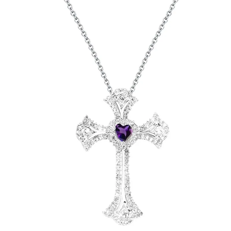 V3 Jewelry 925 Sterling Silver with Heart Shape Natural Amethyst and White Topaz Cross Pendant with 18" Chain for Women sold by Zulily