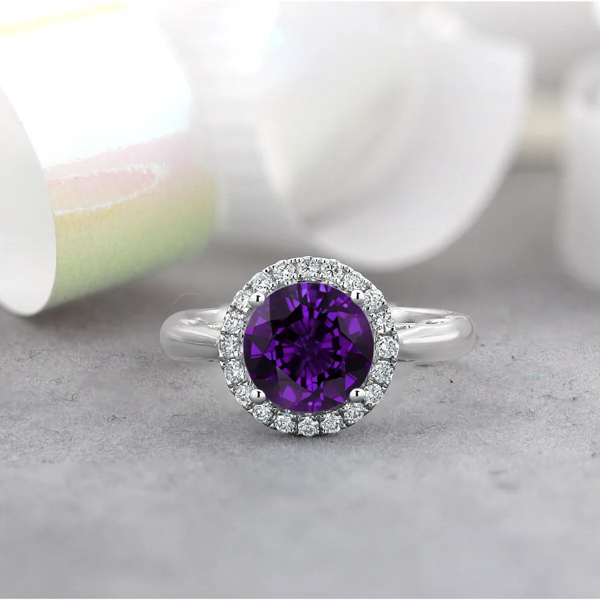 Auriya 1 1/2ct Round Purple Amethyst and Halo Diamond Engagement Ring 1/4ctw 14k Gold sold by Zulily
