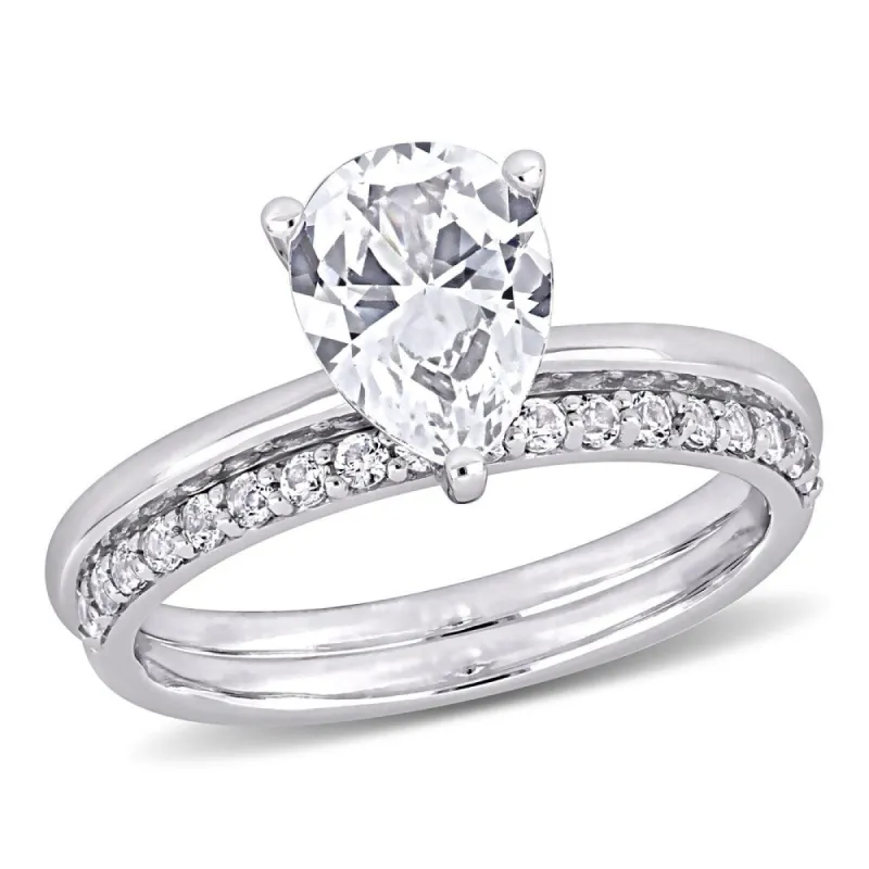 Miadora 10k White Gold Pear-cut Created White Sapphire Solitaire Wedding Ring Set sold by Zulily
