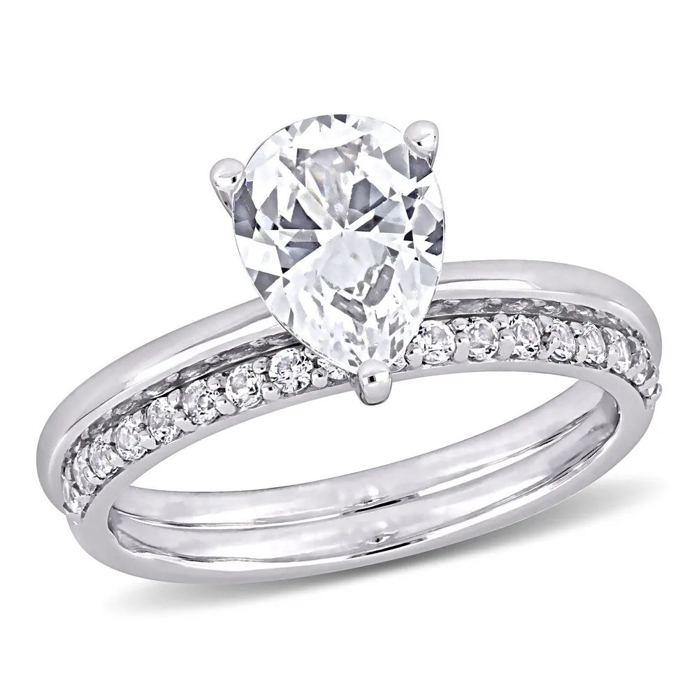 Miadora 10k White Gold Pear-cut Created White Sapphire Solitaire Wedding Ring Set sold by Zulily