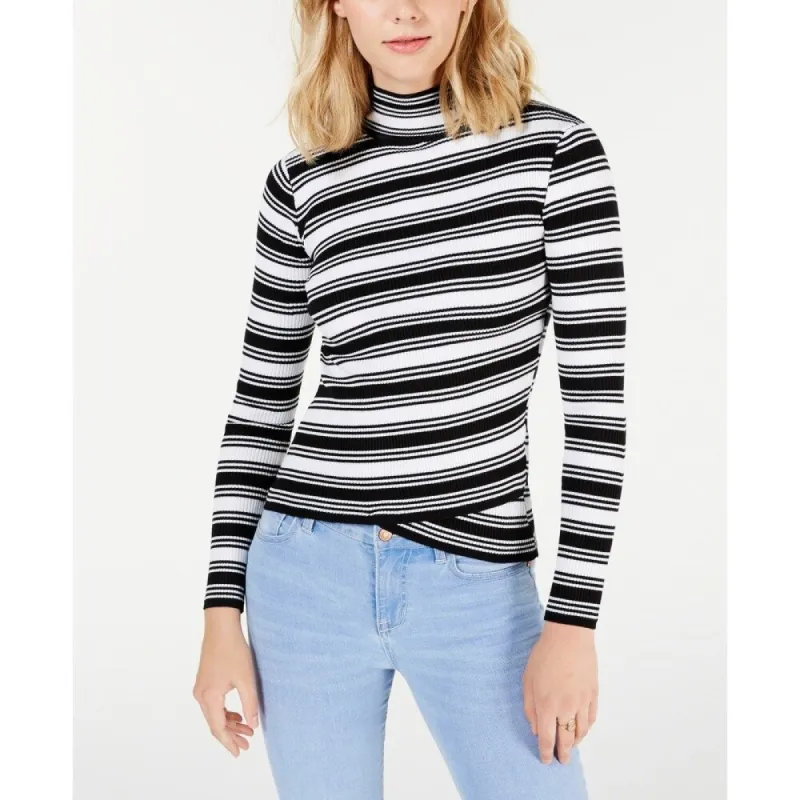 Say What Junior's Striped Crossover Hem Mock Neck Sweater Black-White Size X-Small sold by Zulily