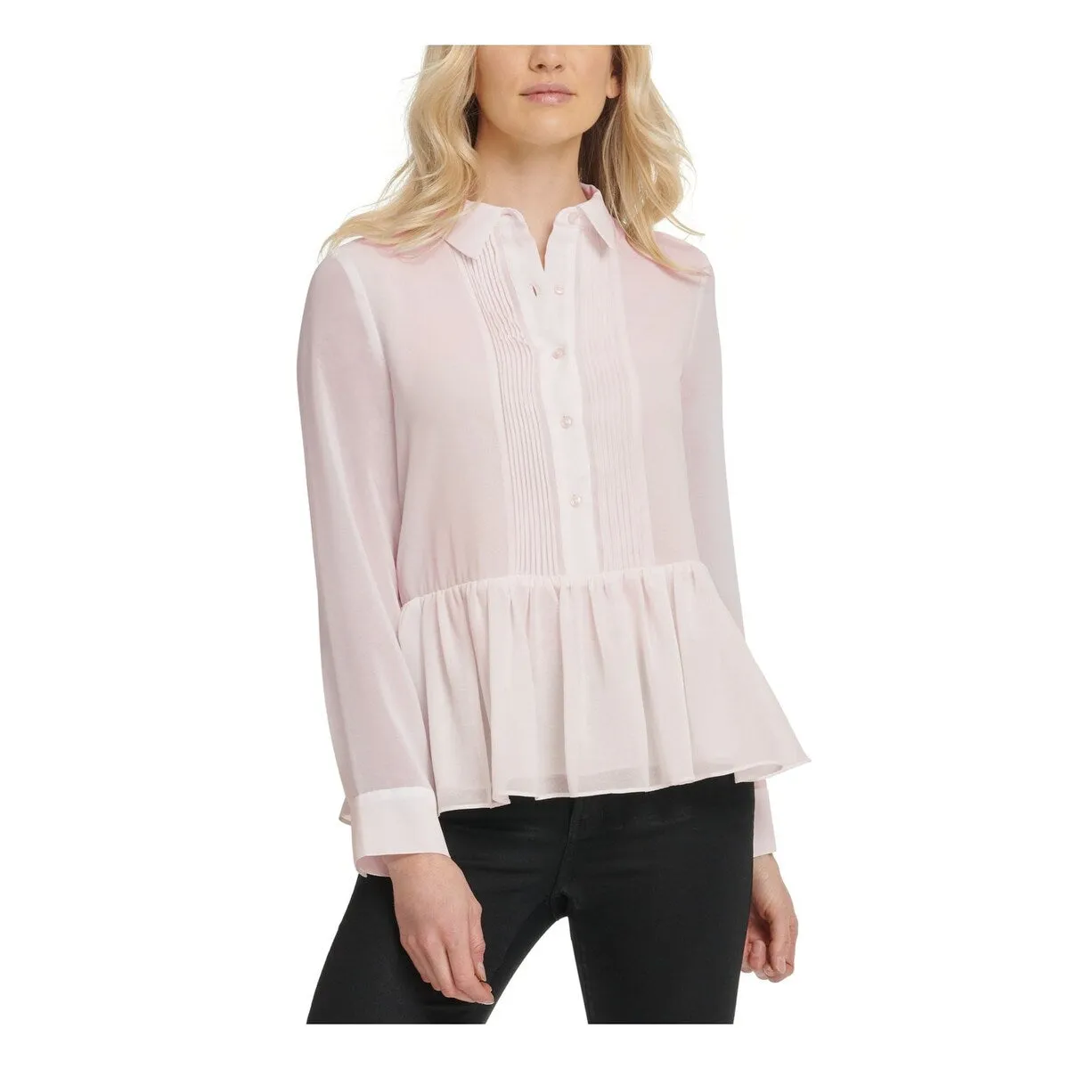 DKNY Women's Peplum Pintucked Semi Sheer Shirt Pink Size Small sold by Zulily